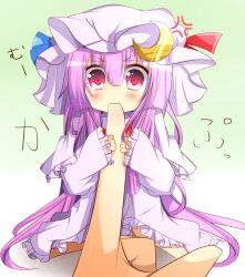  anger_vein biting biting_another&#039;s_finger chibi commentary_request female hat highres long_hair mini_person minigirl patchouli_knowledge purple_eyes purple_hair solo_focus touhou very_long_hair warabi_mochi_(ehimedaisuki) 