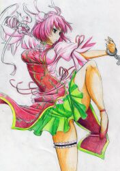  amputee bad_id bad_pixiv_id bun_cover chinese_clothes colored_pencil_(medium) cuffs double_bun false_arm false_limb female fighting_stance flower hair_bun highres ibaraki_kasen jitome kitazinger kung_fu legs photoshop_(medium) pink_hair profile rose serious shackles skirt slippers solo standing standing_on_one_leg tabard thigh_strap touhou traditional_media 