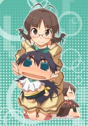  akane_yuki akizuki_ritsuko amami_haruka antenna_hair brown_eyes brown_hair chibi chibiki face_stretching female ganaha_hibiki glasses green_eyes hagiwara_yukiho haruka-san idolmaster idolmaster_(classic) kneeling long_hair oerba_yun_fang puchimasu! ribbon yukipo 