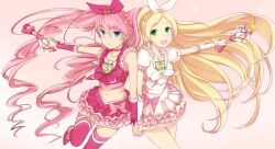  2girls bad_id bad_pixiv_id blonde_hair blue_eyes bow choker cure_melody cure_rhythm dress fantastic_belltier frills green_eyes hair_ribbon heart highres houjou_hibiki jewelry long_hair magical_girl midriff minamino_kanade minatsuki_randoseru miracle_belltier multiple_girls navel own_hands_clasped own_hands_together pink_bow pink_choker pink_hair pink_wrist_cuffs precure ribbon smile suite_precure thighhighs twintails white_choker wrist_cuffs 