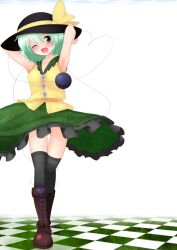  armpits arms_up bakko black_thighhighs blush boots commentary_request eyeball female green_eyes green_hair hat highres komeiji_koishi one_eye_closed open_mouth short_hair skirt sleeveless smile solo thighhighs third_eye touhou 