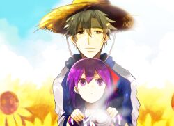  1boy aged_down aya_tori commentary_request dress fate/zero fate_(series) female grey_hair hair_ribbon hat lolicon matou_kariya matou_sakura purple_eyes purple_hair ribbon shade short_hair sun_hat uncle_and_niece 