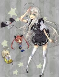  ahoge checkered_clothes checkered_skirt chibi commentary_request cthugha_(nyaruko-san) female green_eyes grey_hair haiyore!_nyaruko-san hastur_(nyaruko-san) kanro_(dear27) long_hair nyarlathotep_(nyaruko-san) shantak_(nyaruko-san) skirt thighhighs white_hair 