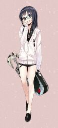  black_eyes black_hair black_shorts cardigan commentary_request female glasses grin hand_on_own_cheek hand_on_own_face highres hinasaki_you holding loafers no_socks original photoshop_(medium) shoes short_shorts shorts smile solo spade_(shape) 