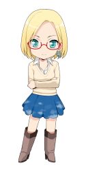  artist_request blonde_hair chibi claudia_madobe earrings female glasses highres jewelry microsoft_windows red-framed_eyewear semi-rimless_eyewear simple_background solo sweater under-rim_eyewear 