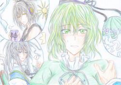  ! 1boy 3girls bad_id bad_pixiv_id blue_eyes blush brown_hair chair colored_pencil_(medium) cup dress ghost green_dress green_eyes green_hair grey_hair hat headphones japanese_clothes kariginu mononobe_no_futo morichika_rinnosuke multiple_girls ponytail sash soga_no_tojiko straight sweatdrop sword teacup touhou toyosatomimi_no_miko traditional_media weapon yellow_eyes you_(esparda) 