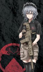  adaptive_combat_rifle assault_rifle belt black_background black_thighhighs blue_eyes braid commentary_request female gloves grey_hair grey_shorts gun hair_ribbon handgun holding holding_gun holding_weapon holster izayoi_sakuya laser_sight logo logo_parody looking_at_viewer magpul maid_headdress military_operator parody photoshop_(medium) remington_arms ribbon rifle short_hair shorts skirt smile solo sunaipu_(age-zero) suppressor thighhighs touhou trigger_discipline twin_braids vertical_foregrip weapon 