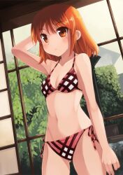  akatsuki_miho akemiho_tabi_nikki arm_behind_head ass_visible_through_thighs bad_id bad_pixiv_id bikini blush breasts brown_eyes cleavage female gendai_ninjakko_zukan kouno_hikaru navel orange_hair short_hair side-tie_bikini_bottom small_breasts solo swimsuit 