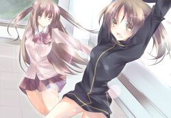  2girls achiga_school_uniform ass_visible_through_thighs atarashi_ako bare_legs bottomless brown_eyes brown_hair cardigan commentary_request highres jacket long_hair long_sleeves multiple_girls naked_jacket no_panties no_pants ponytail ribbon saki_(manga) saki_achiga-hen school_uniform skirt souyoku takakamo_shizuno track_jacket two_side_up 