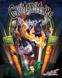  blonde_hair book cover elf falling female gaff grimgrimoire hand_on_headwear hat hat_tug kamitani_george lillet_blan long_hair official_art pointy_ears purple_eyes video_game_cover witch_hat 