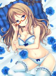  bare_shoulders blue_bra blue_eyes blue_flower blue_panties blue_rose bow bow_bra bow_panties bra breasts cleavage collarbone commentary_request female flower frilled_thighhighs frills glasses jpeg_artifacts large_breasts light_brown_hair lingerie long_hair lying mirai_denki navel on_back original panties petals red-framed_eyewear rose semi-rimless_eyewear solo strap_slip thighhighs underwear underwear_only 