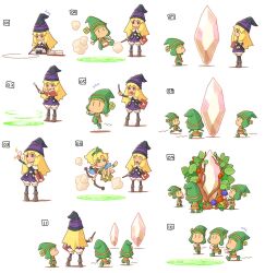  2girls 3others black_headwear blonde_hair bloomers book boots bow bow_(weapon) chibi clone closed_eyes closed_mouth crystal elf fairy food fruit gaff green_headwear grimgrimoire grimoire hand_up hat holding holding_book holding_bow_(weapon) holding_wand holding_weapon lillet_blan long_hair magic multiple_girls multiple_others mushroom numbered official_art open_mouth pantyhose plant pointy_ears purple_eyes running shigatake sitting smile sparkle standing tree underwear wand weapon witch_hat yokozuwari 