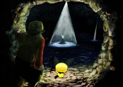  1boy azuma_yukihiko backwards_hat bad_id bad_pixiv_id baseball_cap cave curious dark ethan_(pokemon) gameplay_mechanics hat lake lapras photoshop_(medium) pichu pokemon pokemon_(creature) pokemon_gsc union_cave 