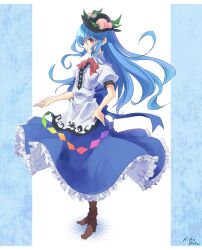  artist_name bad_id bad_pixiv_id blue_hair boots female food fruit full_body hat highres hinanawi_tenshi kikugetsu long_hair long_skirt peach red_eyes signature skirt solo touhou 