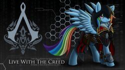  16:9 armor assassin assassin&#039;s_creed cape clothing english_text equid equine female friendship_is_magic hasbro hood horse mammal my_little_pony mythological_creature mythological_equine mythology pegasus pony purple_eyes rainbow_dash_(mlp) text ubisoft weapon widescreen wings 