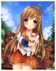  :q ahoge bench blush braid brown_eyes brown_hair commentary_request culture_japan female food hair_ornament highres ice_cream long_hair outdoors school_uniform serafuku sitting skirt solo suenaga_mirai tongue tongue_out twin_braids usagihime 