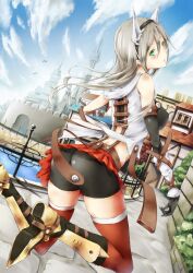  animal_ears ass bad_id bad_pixiv_id bare_shoulders bike_shorts boots building female green_eyes grey_hair highres kizuka_kanata long_hair photoshop_(medium) pixiv_fantasia pixiv_fantasia_sword_regalia red_thighhighs smile solo thighhighs 