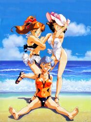  1990s_(style) 3girls absurdres aqua_eyes barefoot beach bikini blue_hair bow bracelet brown_eyes brown_hair cloud day earrings green_eyes grin hairbow hat highres jewelry kaori_(super_real_mahjong) long_hair mana_(super_real_mahjong) mole mole_under_eye multiple_girls navel ocean one-piece_swimsuit one_eye_closed outdoors photoshop_(medium) red_hair retro_artstyle sand sandals short_hair sitting sky smile standing super_real_mahjong swimsuit tanaka_ryou water yuu_(super_real_mahjong) 