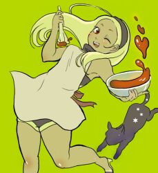  ahoge animal apron bad_id bad_pixiv_id bare_legs bare_shoulders black_cat blonde_hair blush bowl cooking dress dusty_(gravity_daze) feline female gravity_daze high_heels huge_ahoge kitten_(gravity_daze) leaning_back long_hair one_eye_closed photoshop_(medium) red_eyes shoes simple_background solo spatula strapless strapless_dress tati_(sarastro) 