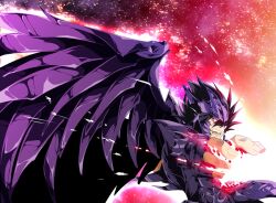  1boy :d armor backlighting bennu_kagaho black_hair cimeri commentary_request fingernails full_armor hair_between_eyes helmet looking_at_viewer male_focus open_mouth outstretched_arm purple_eyes purple_wings saint_seiya saint_seiya:_the_lost_canvas sidelocks smile solo space spiked_hair upper_body v-shaped_eyebrows wings 