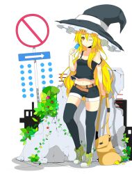  alternate_costume bag bare_shoulders belt black_thighhighs blonde_hair brown_eyes camisole casual commentary_request female food haseneko hat kirisame_marisa long_hair navel one_eye_closed popsicle road_sign shoes shorts sign sneakers solo strap_slip thighhighs touhou witch_hat 