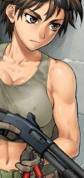  bang-you breasts brown_eyes brown_hair cleavage commentary_request copyright_request crop_top female gun medium_breasts midriff military mossberg_500 navel pump_action reloading short_hair shotgun solo sweat toned trigger_discipline weapon 