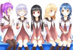  5girls ^_^ ahoge bad_id bad_pixiv_id black_hair blonde_hair blood blue_hair braid brown_eyes closed_eyes collarbone commentary_request furutani_himawari glasses hairband ikeda_chitose matsumoto_rise multiple_girls nanamori_school_uniform nosebleed oomuro_sakurako pantyhose purple_eyes purple_hair red_eyes school_uniform serafuku silver_hair sitting sugiura_ayano twin_braids unworn_eyewear watayuki yuru_yuri 