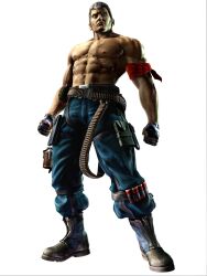  abs absurdres armband bandolier blue_eyes bryan_fury cargo_pants explosive grenade highres male male_focus pants scar short_hair tekken topless white_hair 