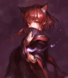  alternate_hairstyle animal_ears cat_ears commentary_request covering_own_mouth extra_ears female hand_fan junwool kaenbyou_rin long_hair pointy_ears red_eyes red_hair solo touhou 