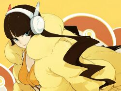  bad_id bad_pixiv_id bikini bikini_top_only black_hair blue_eyes coat elesa_(pokemon) female francisco_valle fur_coat headphones long_hair poke_ball pokemon pokemon_bw2 solo swimsuit yellow_theme 