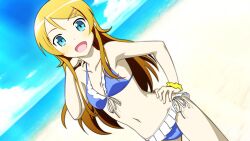  :d beach bikini blue_bikini blue_eyes bracelet claria cloud commentary_request day female frilled_bikini frills front-tie_top hair_ornament hairclip highres horizon jewelry kousaka_kirino long_hair navel open_mouth orange_hair ore_no_imouto_ga_konna_ni_kawaii_wake_ga_nai outdoors side-tie_bikini_bottom sky smile solo swimsuit 