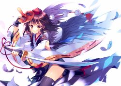  alternate_costume black_thighhighs brown_hair commentary_request feathers female fingerless_gloves gloves hat japanese_clothes katana kimono kourindou_tengu_costume looking_at_viewer mask revision rie_(reverie) shameimaru_aya short_hair solo sword tengu_mask thighhighs tokin_hat touhou weapon wings yellow_eyes 