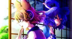  2girls animal_ears bad_id bad_pixiv_id blonde_hair blue_eyes blue_hair hair_ornament hair_stick headphones i_wanna kaku_seiga multiple_girls shouji sliding_doors touhou toyosatomimi_no_miko yellow_eyes 