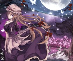  2girls bare_tree blonde_hair bow breasts bug butterfly cherry_blossoms cleavage commentary_request full_moon gap_(touhou) hair_over_one_eye hairbow japanese_clothes kimono large_breasts long_hair moon multiple_girls night purple_eyes saigyou_ayakashi saigyouji_yuyuko saigyouji_yuyuko_(living) touhou tree tsuizi very_long_hair yakumo_yukari 