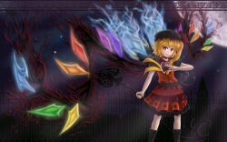  alternate_costume bat_wings blonde_hair bow card commentary_request dress female flandre_scarlet hat laevatein_(touhou) long_hair moon oerba_yun_fang open_mouth red_eyes ribbon short_hair side_ponytail skirt skirt_set smile solo touhou wings zucreelo 