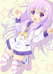  :d bad_id bad_pixiv_id choujigen_game_neptune_mk2 d-pad d-pad_hair_ornament female hair_ornament hairclip highres mayuzumi_makiha nepgear neptune_(series) open_mouth purple_eyes purple_hair smile striped_clothes striped_thighhighs thighhighs 