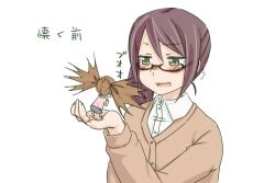  2girls brown_hair chibi commentary_request glasses mini_person minigirl monoka_(hare_tokidoki_yuki) multiple_girls okujou_no_yurirei-san side_ponytail simple_background sonou_tsukuyo teacher_and_student translated tsurugimine_kiri twintails white_background 