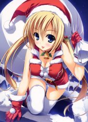  :p absurdres bell belt blonde_hair blue_eyes blush breasts chimney christmas cleavage collar female gloves hair_bobbles hair_ornament hat highres holding large_breasts long_hair midriff navel neck_bell night night_sky original red_gloves sack santa_costume santa_hat sky sleeveless smile solo thighhighs tongue tongue_out twintails white_thighhighs yuuki_hagure 