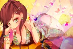  bad_id bad_pixiv_id bare_shoulders bracelet breasts brown_hair bug butterfly cleavage commentary_request earrings female green_eyes jewelry large_breasts long_hair looking_at_viewer nail_polish original solo yugaa 