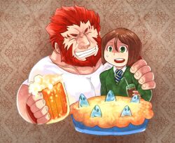  2boys ^_^ alcohol bad_id bad_pixiv_id beard beer beer_mug black_hair bob_cut brown_hair chibi closed_eyes cup facial_hair fate/zero fate_(series) fish food green_eyes holding holding_cup iskandar_(fate) male_focus mug multiple_boys pie red_hair stargazy_pie sweatdrop waver_velvet xm3bp6 