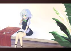  apron blue_eyes commentary_request female izayoi_sakuya knife lefthand letterboxed maid_headdress pocket_watch short_hair sitting smile solo touhou waist_apron watch white_hair 