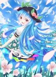  awai_shiro bad_id bad_pixiv_id blue_hair cloud day dress female flower food fruit hat hinanawi_tenshi leaf long_hair peach photoshop_(medium) red_eyes sky solo touhou 