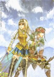  1boy alicia_(valkyrie_profile_2) arrow_(projectile) belt blonde_hair blue_eyes boots bow bow_(weapon) bridal_gauntlets capelet clenched_hand cloud commentary_request female green_hair hair_ornament hairband headband highres jewelry knee_boots long_hair puffy_sleeves ring rufus_(valkyrie_profile) signature skirt sky squatting standing sword thigh_boots thighhighs valkyrie_profile_(series) valkyrie_profile_2:_silmeria vambraces vest weapon woltz zettai_ryouiki 