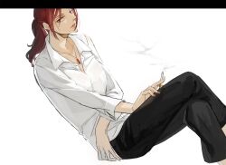  aozaki_touko bad_id bad_pixiv_id business_casual cigarette female jewelry kara_no_kyoukai kurage long_hair necklace ponytail red_eyes red_hair simple_background smoke smoking solo white_background 