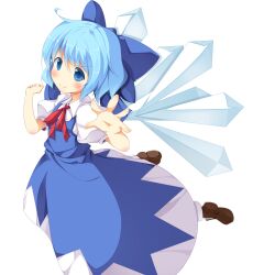  blue_eyes blue_hair blush bow cirno commentary_request dress ebicha female hairbow highres ice ice_wings partial_commentary photoshop_(medium) simple_background smile solo touhou white_background wings 