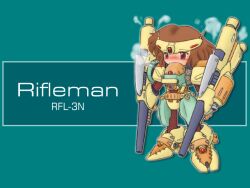  arm_cannon battletech blush brown_hair cannon character_name d-klaw dual_arm_cannons female gun hot mecha mecha_musume no_nose personification red_eyes rifleman_(battletech) robot solo steam sweat weapon 