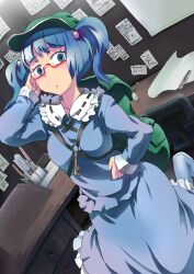  adjusting_eyewear backpack bag bespectacled blue_eyes blue_hair commentary_request desk female glasses hair_bobbles hair_ornament hand_on_own_hip hat kawashiro_nitori key knife paper shirt sinzan skirt skirt_set solo touhou two_side_up 