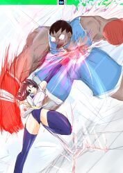  1boy balrog_(street_fighter) battle_rifle bouncing_breasts boxing_gloves braid breasts brown_eyes brown_hair commentary_request crosscounter crossover dark_skin dougi dutch_angle female gloves gun health_bar iri_tamago leotard medium_breasts mixed-sex_combat punching purple_legwear reverse_ryona rifle ryuuko_no_ken single_braid size_difference street_fighter the_king_of_fighters thick_thighs thighhighs thighs torn_clothes weapon yuri_sakazaki 