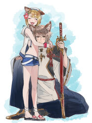  1boy ^_^ animal_ears basara_(granblue_fantasy) belt blonde_hair blue_shorts blush brown_hair byon closed_eyes closed_mouth dog_ears erune facing_viewer female full_body granblue_fantasy hakama hat holding holding_sword holding_weapon hood hooded_jacket hug jacket japanese_clothes knee_up looking_at_viewer navel official_alternate_costume open_mouth sandals scrunchie sheath sheathed short_hair short_shorts shorts signature sitting sleeveless sleeveless_jacket smile standing sweatdrop sword vajra_(granblue_fantasy) vajra_(summer)_(granblue_fantasy) weapon wrist_scrunchie 