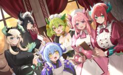  +_+ 6+girls :d animal_ears apron ascot black_dress black_hair black_horns blonde_hair blue_eyes blue_gloves blue_hair blue_horns blue_kimono blunt_bangs blush braid breasts brown_choker chamber_dragonmaid chinese_commentary choker cleavage clipboard collared_dress commentary cowboy_shot curtains double_v dragon_girl dragon_horns dress duel_monster duster dutch_angle fingerless_gloves flat_chest gauntlets glasses gloves green_eyes green_hair green_horns grin hair_between_eyes hair_ornament hair_over_shoulder hat highres holding holding_clipboard holding_duster horns house_dragonmaid indoors japanese_clothes kappougi kimono kitchen_dragonmaid lace-trimmed_apron lace_trim large_breasts laundry_dragonmaid long_hair long_sleeves looking_at_viewer maid maid_apron maid_headdress mixed_maids multicolored_hair multiple_girls neckerchief nurse_cap nurse_dragonmaid oerba_yun_fang open_mouth parlor_dragonmaid parted_lips pink_dress pink_gloves pink_hair pink_horns puffy_long_sleeves puffy_short_sleeves puffy_sleeves purple_eyes red_ascot red_dress red_hair red_neckerchief short_sleeves sidelocks single_braid smile standing teeth upper_teeth_only v vambraces wa_maid window xiujia_yihuizi yellow_eyes yellow_horns yu-gi-oh! 